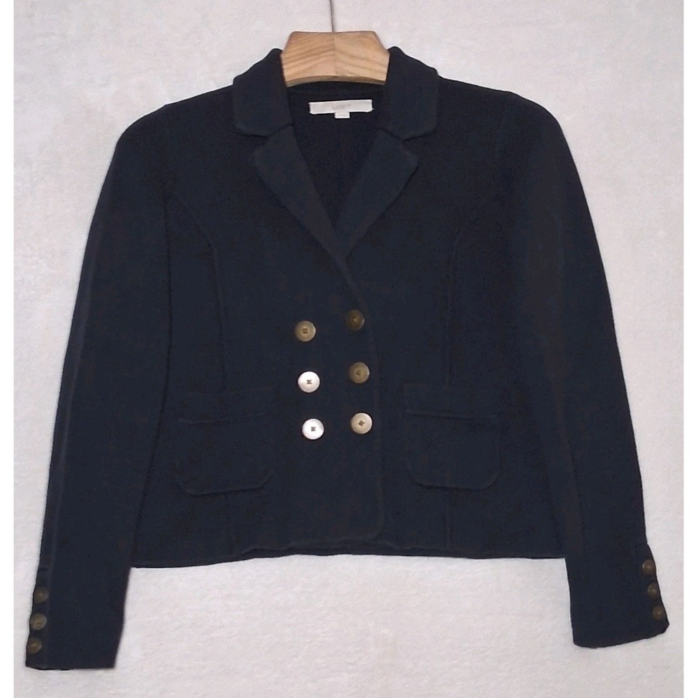 LOFT Double-Breasted Knit Blazer Size Medium Navy Blue Cropped Jacket Career